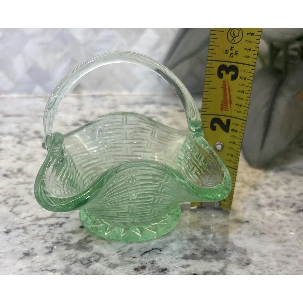 Vintage Green Glass Mini Basket Candy Dish No Chips
